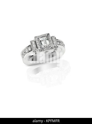 Beautiful diamond wedding engagment band ring emerald cut Stock Photo
