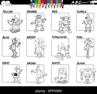 Black and White Cartoon Illustration of Basic Colors Educational Workbook Set for Children with Robots Comic Characters Stock Vector