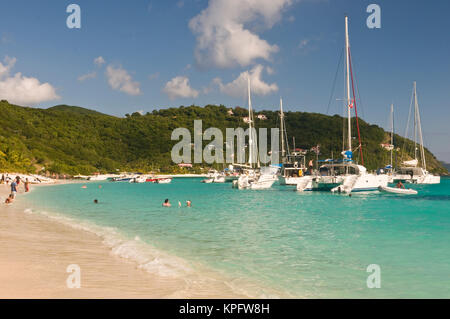 UK, BVI, Jost van Dyke, White Bay.  Popular moorings for bareboaters and charter sail. Stock Photo