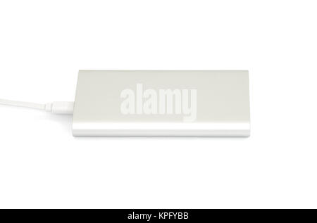 Silver power bank isolated on white background with plug cable Stock Photo