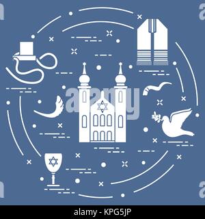 Jewish symbols: tfillin, synagogue, sheep's horn, dove, david's star and other. Design for postcard, banner, poster or print. Stock Vector