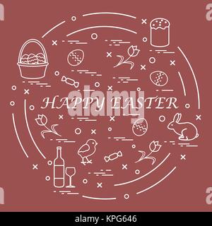 Cute vector illustration with different symbols for Easter arranged in a circle. Including icons of Easter cake, chick, baskets, eggs and other. Desig Stock Vector