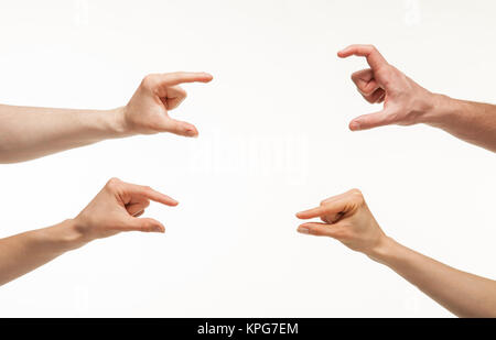 Hands showing different sizes - from small to big, white background Stock Photo