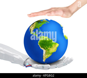 Robot and human hold Earth planet in hand. Stock Photo