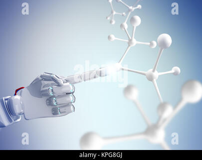 White robot hand touching molecule formula Stock Photo