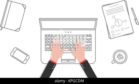 thin line business office workspace with hands Stock Vector