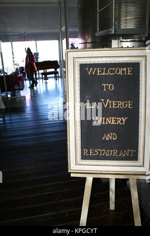 Welcome board at the entrance to La-Vierge restaurant and winery, Hermanus, South Africa Stock Photo