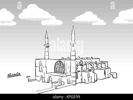 Nicosia, Cyprus famous landmark sketch. Lineart drawing by hand. Greeting card icon with title, vector illustration Stock Vector