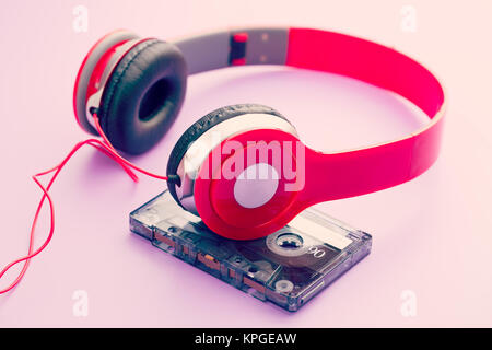 cassette tape and headphones Stock Photo