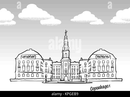 Copenhagen, Denmark famous landmark sketch. Lineart drawing by hand. Greeting card icon with title, vector illustration Stock Vector