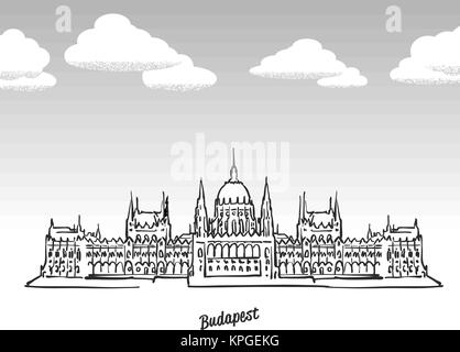 Budapest, Hungary famous landmark sketch. Lineart drawing by hand. Greeting card icon with title, vector illustration Stock Vector