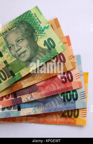 Full range of South African bank notes, South Africa. Stock Photo