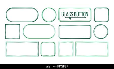 Glass Buttons, Frames Vector. Square, Round, Rectangular. Glass Plates Elements. Realistic Plates. Plastic Banners. Isolated On White Background Illustration Stock Vector
