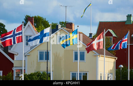 Flags of Norway, Finland, Sweden, Denmark and Iceland, Oregrund, Sweden, Scandinavia Stock Photo