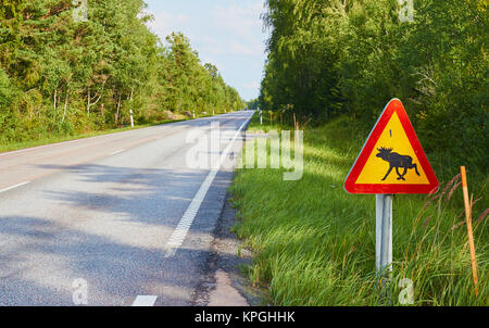 Sign warning drivers to beware of moose on the road, Sweden, Scandinavia Stock Photo