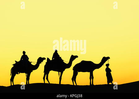 Camels and camel driver silhouetted at sunset, Thar Desert, Jodhpur, India. Stock Photo