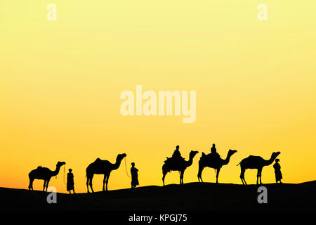 Camels and camel driver silhouetted at sunset, Thar Desert, Udaipur, India. Stock Photo