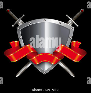 Silver riveted shield with elegant red ribbon and two swords on black background. Stock Photo