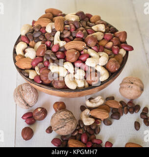 Assorted nuts in wooden bowl Stock Photo