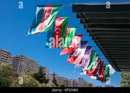 Azerbaijan and other flags waving on the wind in Baku. Azerbaijan. Europe.