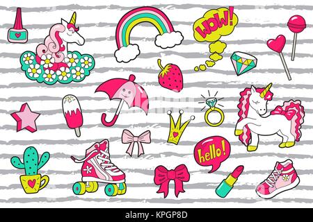 Pop Art girl's  patches on striped pattern. Vector Stock Vector