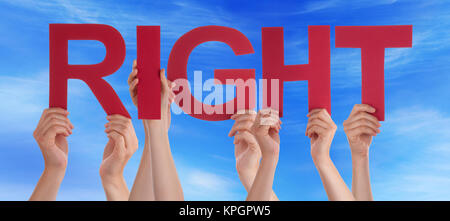 Many Caucasian People And Hands Holding Red Straight Letters Or Characters Building The English Word Right On Blue Sky Stock Photo