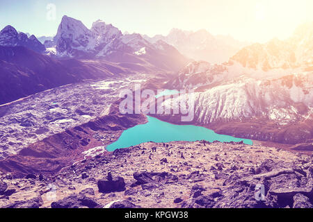 Beautiful view from Gokyo Ri summit, ultra violet color toned picture, Everest region, Nepal. Stock Photo