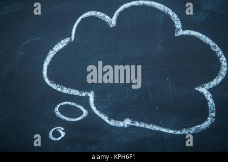 An empty think or speech bubble drawn with a chalk on a blackboard Stock Photo