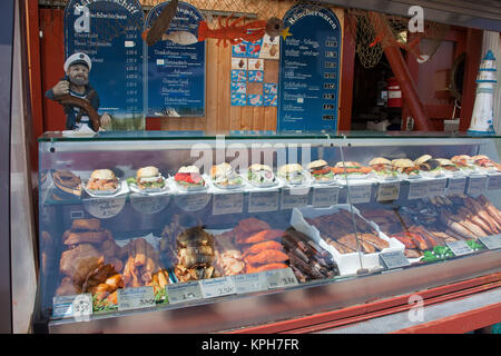 Fish sandwiches and fish snacks at the harbour of Sassnitz, Ruegen island, Mecklenburg-Western Pomerania, Baltic Sea, Germany, Europe