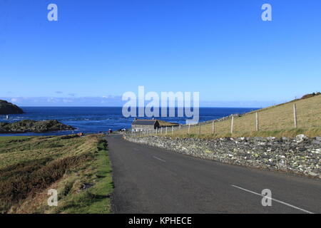 The Sound Road, Isle of Man leading to the Calf Sound with Calf of Man, Kitterland and Chicken Rock in the distance (2017). Unesco biosphere reserve. Stock Photo