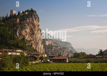 Italy, Trento Province, Arco. Mountaintop Castello di Arco, view from Sarca River, morning. Stock Photo