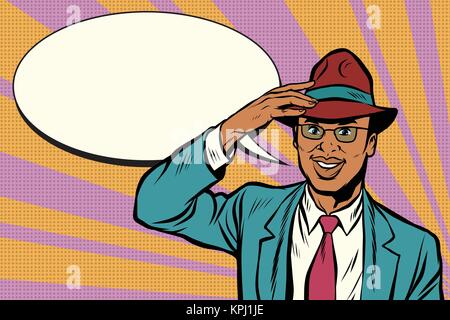 Retro African businessman takes off his hat Stock Vector