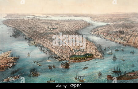 New York and Brooklyn in the mid-1850’s, after a work by French illustrator Theodore Muller, 1819-1879. Stock Photo