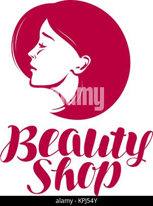 Beauty shop, logo or label. Makeup, cosmetic, spa icon. Lettering vector illustration Stock Vector