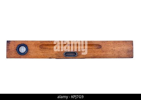 Old wooden spirit level on a white background Stock Photo
