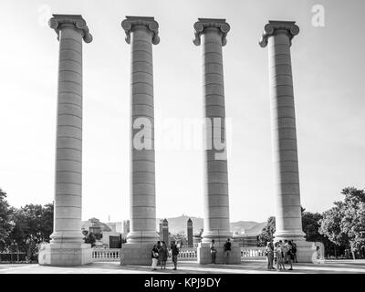 BARCELONA, SPAIN - JULY 14, 2015: Summer day view of the columns represnting the 4 bars of the catalan flag in Montjuich mountain, Barcelona. Stock Photo