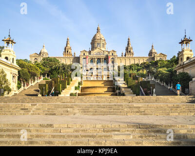 BARCELONA, SPAIN - JULY 14, 2015: Summer day view of the Palau Nacional (National Palace) in Barcelona, who was built for the International Exhibition Stock Photo