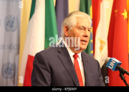 UN, New York, USA. 15th Dec, 2017. Rex Tillerson of the US spoke to press after the North Korea meeting of UN Security Council. Credit: Matthew Russell Lee/Alamy Live News Stock Photo