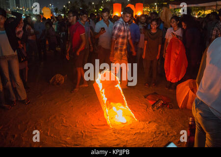 Colombo, Sri Lanka. 16th December, 2017. The sky lantern fired it self in Colombo, Sri Lanka during the event of light the sky - Sky lantern festival. Credit: Vimukthi Embuldeniya/Alamy Live News Stock Photo