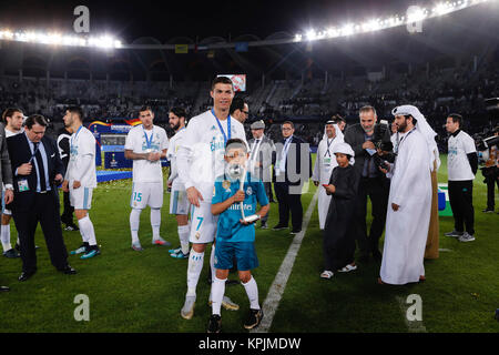 Cristiano Ronaldo dos Santos (7) Real Madrid playerReal Madrid players with their families celebrate victory in the Club World Cup final In action during the Club World Cup final between Real Madrid v Gremio at the Zayed Sports City stadium in Abu Dhabi, United Arab Emirates, December 16, 2017 . Credit: Gtres Información más Comuniación on line, S.L./Alamy Live News Stock Photo