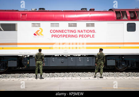 Nairobi. 16th Dec, 2017. Photo taken on Dec. 16, 2017 shows a locomotive at the upgraded Inland Container Depot (ICD) on the outskirts of Nairobi, Kenya. Kenyan President Uhuru Kenyatta on Saturday launched the upgraded Inland Container Depot (ICD) on the outskirts of Nairobi to promote efficient transportation of bulk cargo from the port of Mombasa to the interior. Credit: Lyu Shuai/Xinhua/Alamy Live News Stock Photo