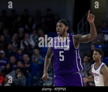 Saturday Dec 16th - Northwestern Wildcats center Dererk Pardon (5) celebrates after hitting a big shot during NCAA Mens basketball game action between the Northwestern Wildcats and the DePaul Blue Demons at the Windtrust Arena in Chicago, IL.