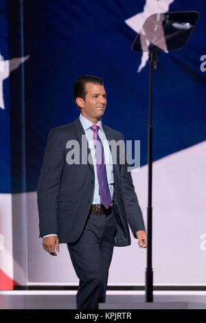 Donald Trump, Jr. son of Donald Trump and his first wife Ivana Trump, walks onstage to address the second day of the Republican National Convention July 19, 2016 in Cleveland, Ohio. Earlier in the day the delegates formally nominated Donald J. Trump for president. Stock Photo