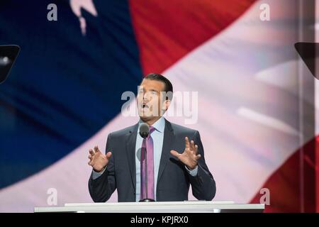 Donald Trump, Jr. son of Donald Trump and his first wife Ivana Trump addresses the second day of the Republican National Convention July 19, 2016 in Cleveland, Ohio. Earlier in the day the delegates formally nominated Donald J. Trump for president. Stock Photo