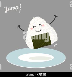 Jumping onigiri illustration. Triangle japanese rice ball wrapped with nori seaweed. Smiling onigiri jump from blue plate. Japanese manga style. Stock Vector