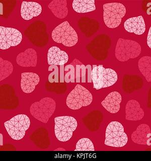 Valentine's Day background. Low-poly polygonal. Seamless pattern with geometric pink hearts. Holiday template. Abstract texture made of triangles. For Stock Vector