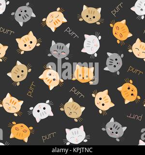 Seamless kitten background. Japanese manga style. Illustration with cute cats. Kawaii joyful pets. Kitten background. Endless texture. Animal pattern. Stock Vector