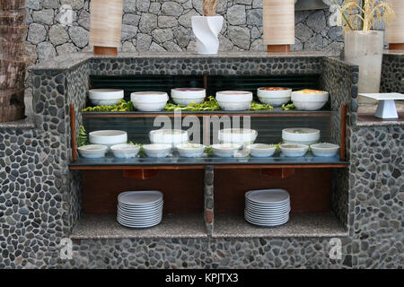 Five Star Hotel Domaine de L'Orangeraie dining hall buffet section, la digue seychelles Stock Photo