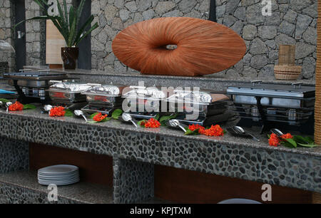 Five Star Hotel Domaine de L'Orangeraie dining hall buffet section, la digue seychelles Stock Photo