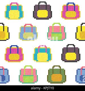 Colorful bags. Seamless pattern. Pixel art background. Hipster handbags, women purses, casual bags. Various travel accessories. Stock Vector